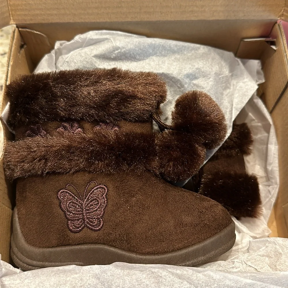 NWT Kali Zello Girls Brown Glitter Pom Pom Ankle Boots Toddler 6